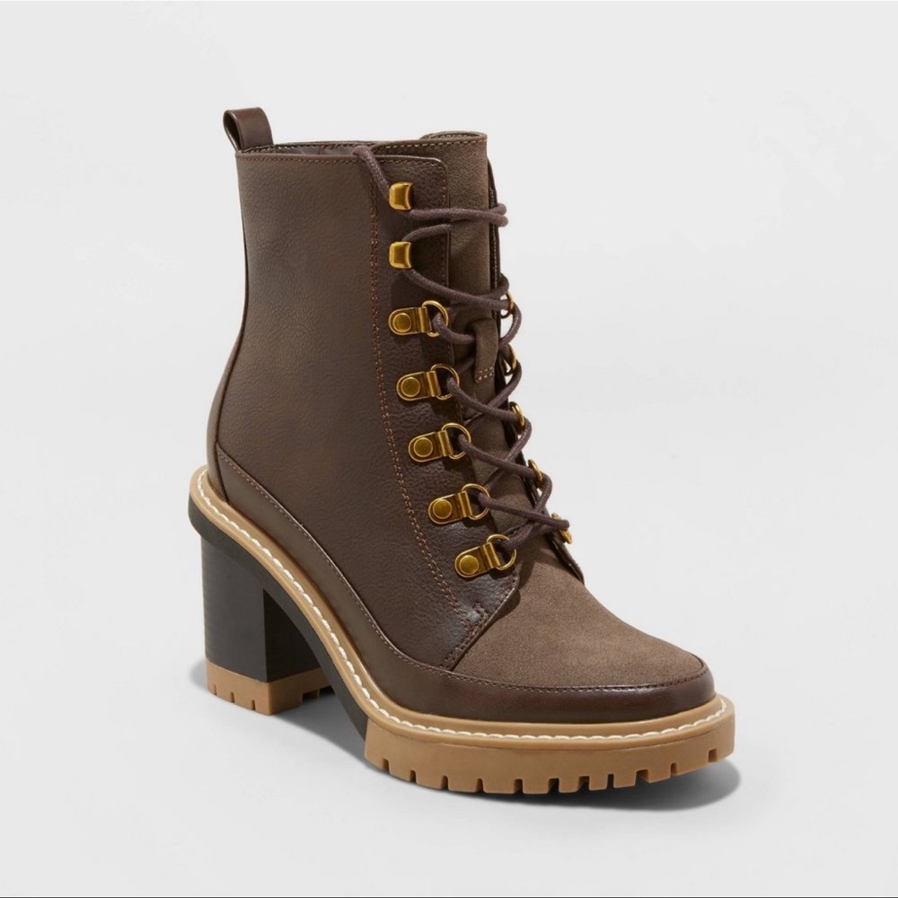 Brown Mixed-Material Lace-Up Heeled Boot- Target brand Brand New Day